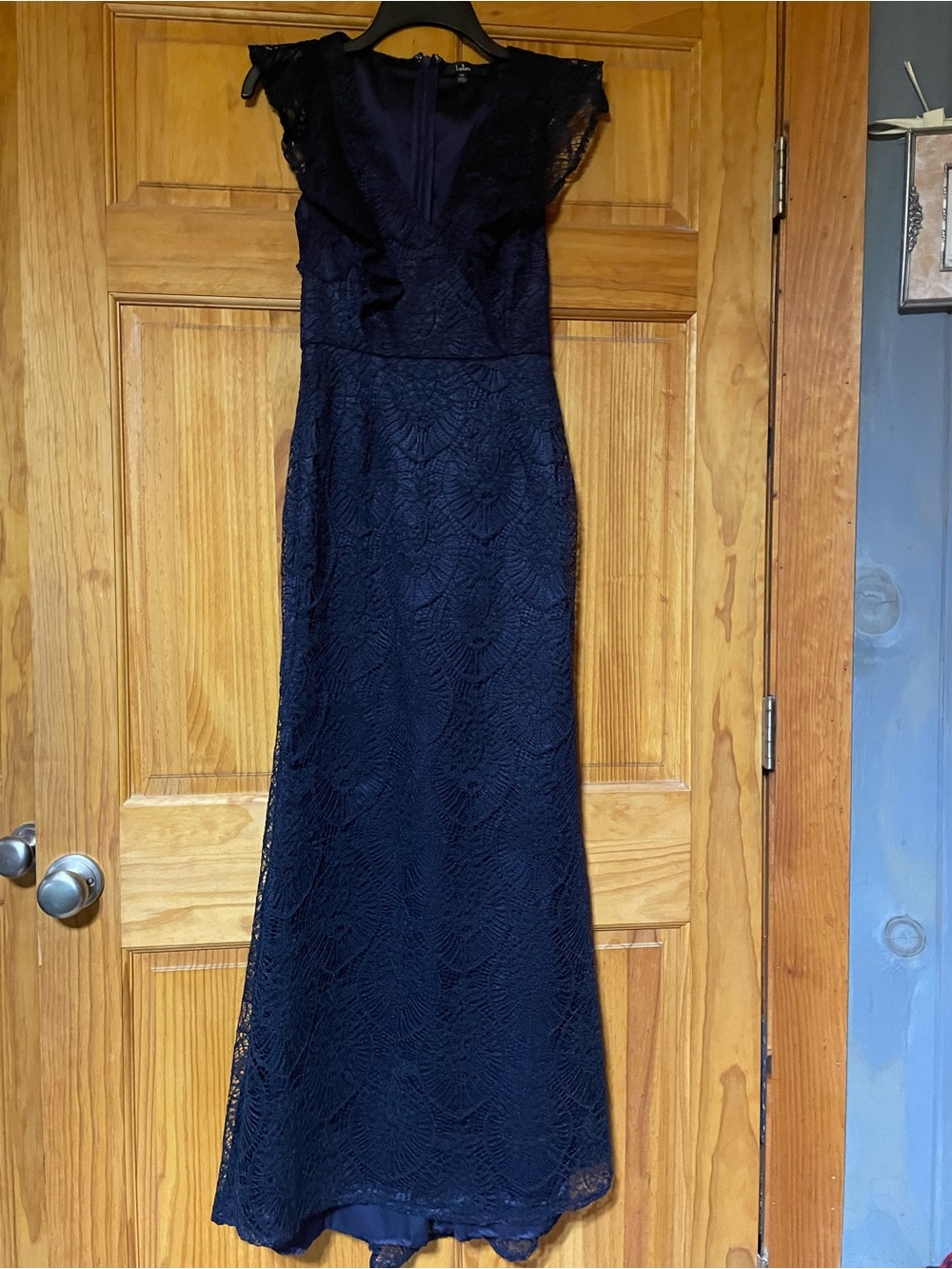 Lulu's Navy Lace Maxi Dress with Cap Sleeves